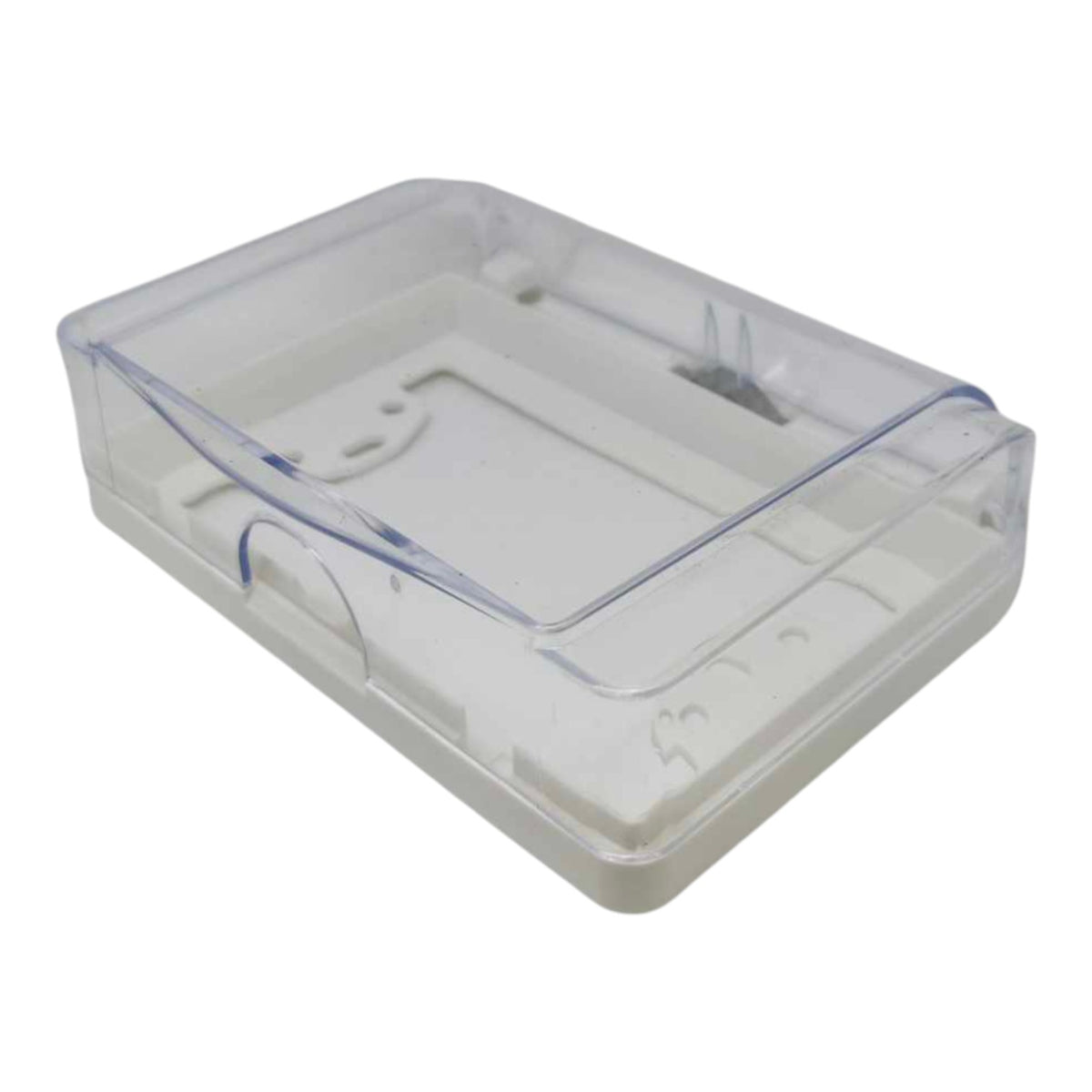A clear plastic storage box with a transparent lid and a white base, shown on a plain white background.