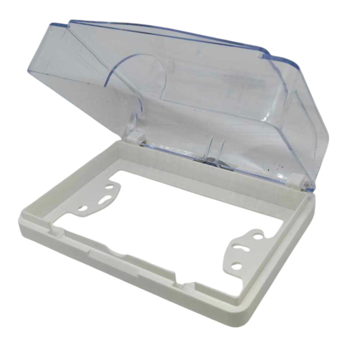 A clear plastic dust cover lid with a white plastic mounting frame, shown open on a white background.