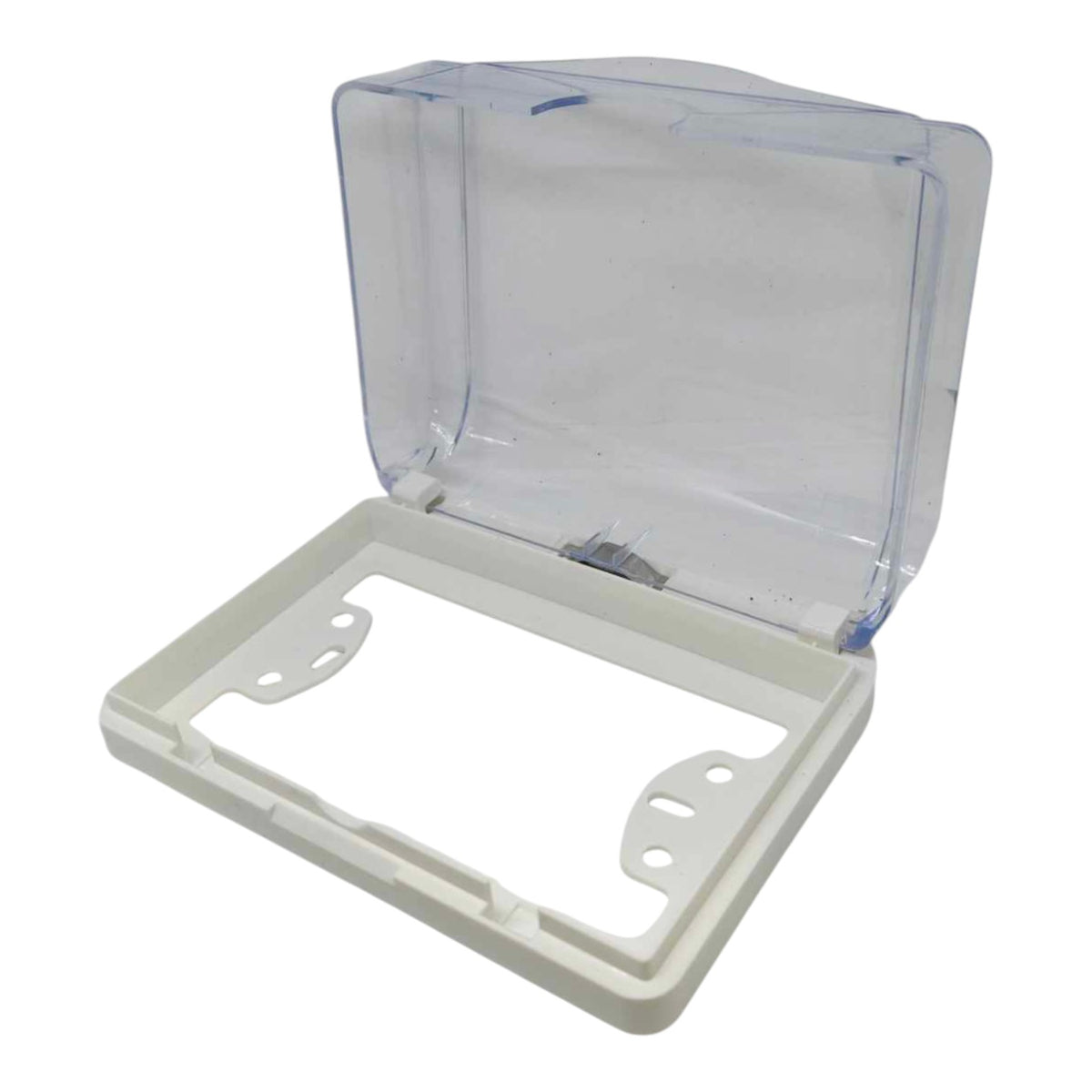 A clear plastic storage box with a hinged lid, shown open against a plain white background.