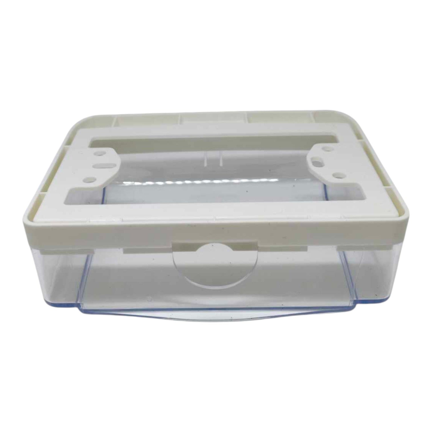 A small rectangular plastic storage box with a translucent clear front and bottom, and a white lid, shown on a plain white background.