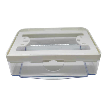 A small rectangular plastic storage box with a translucent clear front and bottom, and a white lid, shown on a plain white background.
