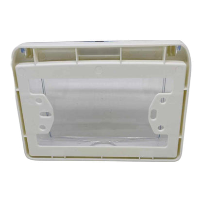 An off-white plastic mounting frame or cover with a clear plastic window in the center, shown against a plain white background.