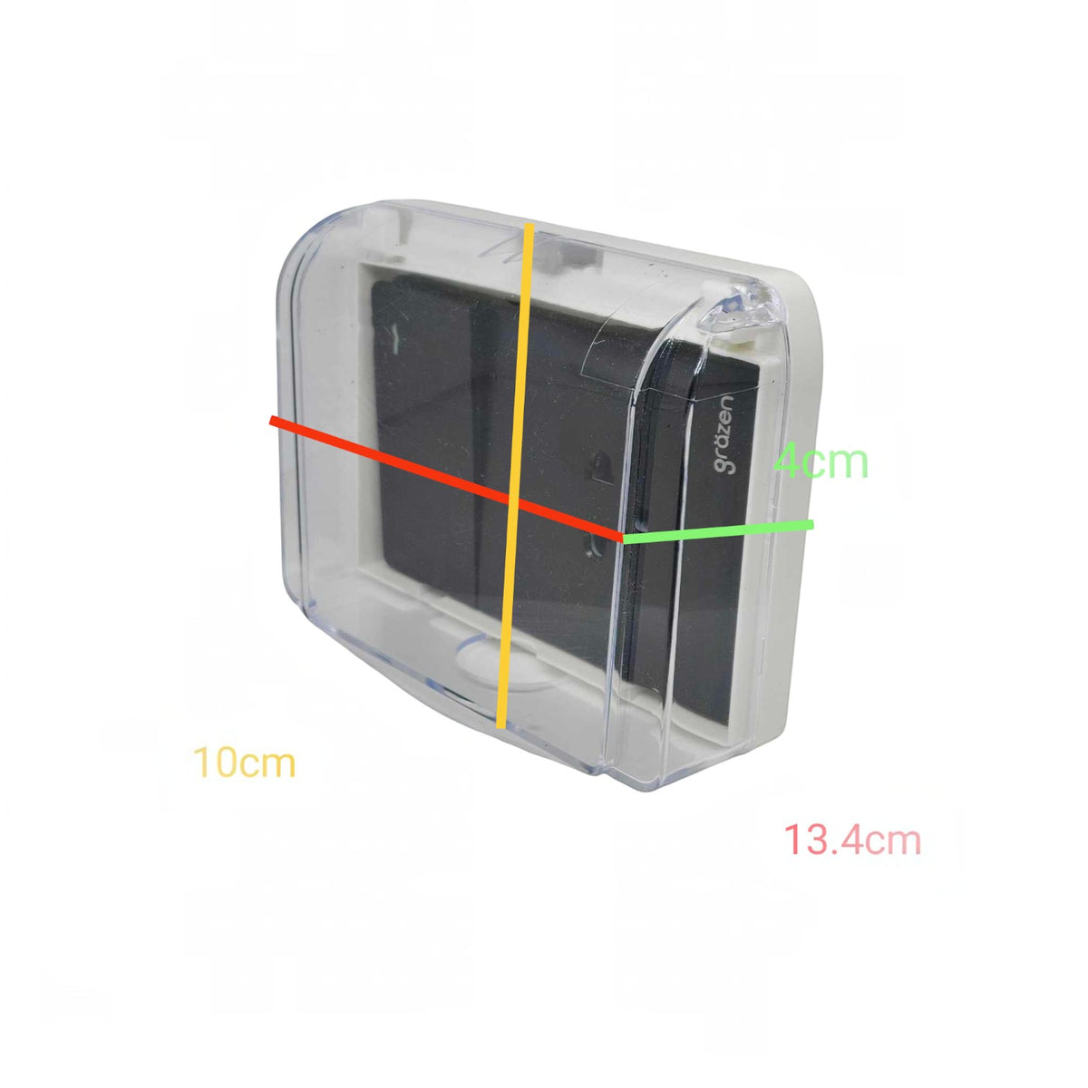 A clear plastic waterproof phone case with a black insert, shown on a white background with colored measurement lines and dimensions labeled 10cm, 13.4cm, 4cm, and an implied third dimension.