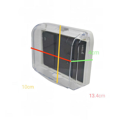 A clear plastic waterproof phone case with a black insert, shown on a white background with colored measurement lines and dimensions labeled 10cm, 13.4cm, 4cm, and an implied third dimension.