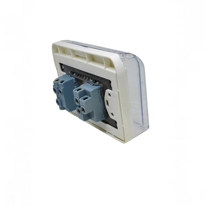 A white plastic electrical terminal block with blue screw terminals and a clear protective cover, shown on a white background.