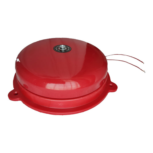 A red dome-shaped fire alarm bell with a mounting base and two wire leads, shown on a plain white background.