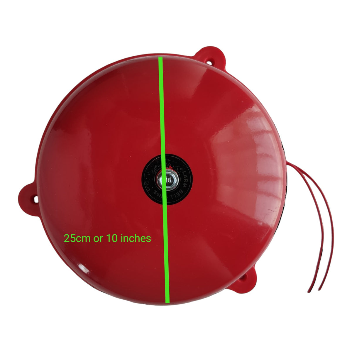 A red round bell with mounting tabs and two hanging wires, shown on a white background with a green vertical measurement line and the text '25cm or 10 inches' indicating its diameter.