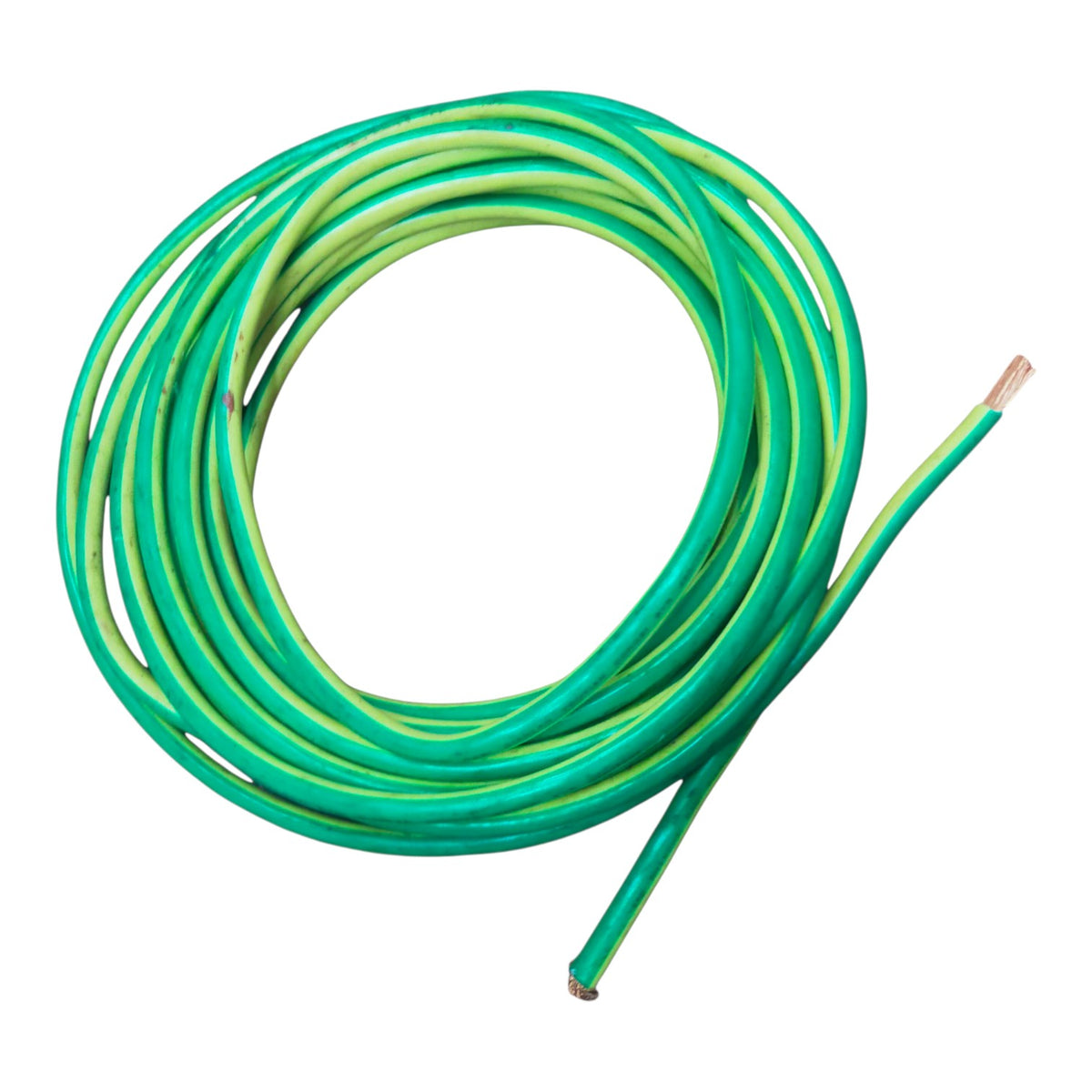 A coiled green electrical wire or cable with a single exposed copper wire tail, shown on a plain white background.