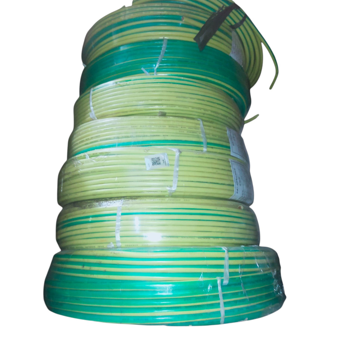 A stack of coiled green and yellow striped piping or tubing wrapped in clear plastic on a white background.