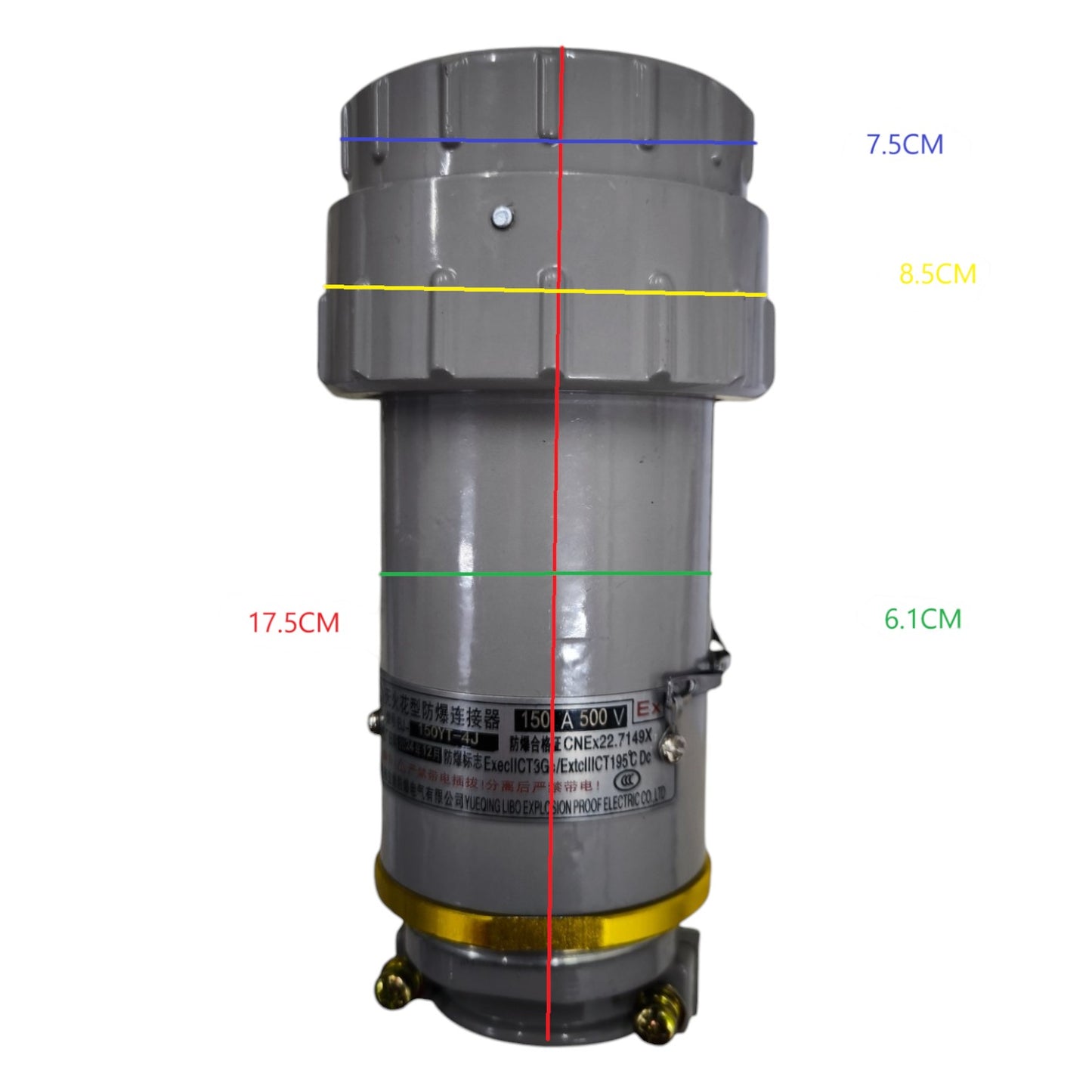 Cylindrical metal component with measurement markings on a white background
