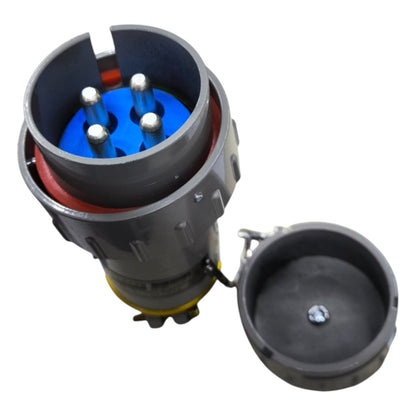 Electrical connector with blue interior and metallic contacts on a white background