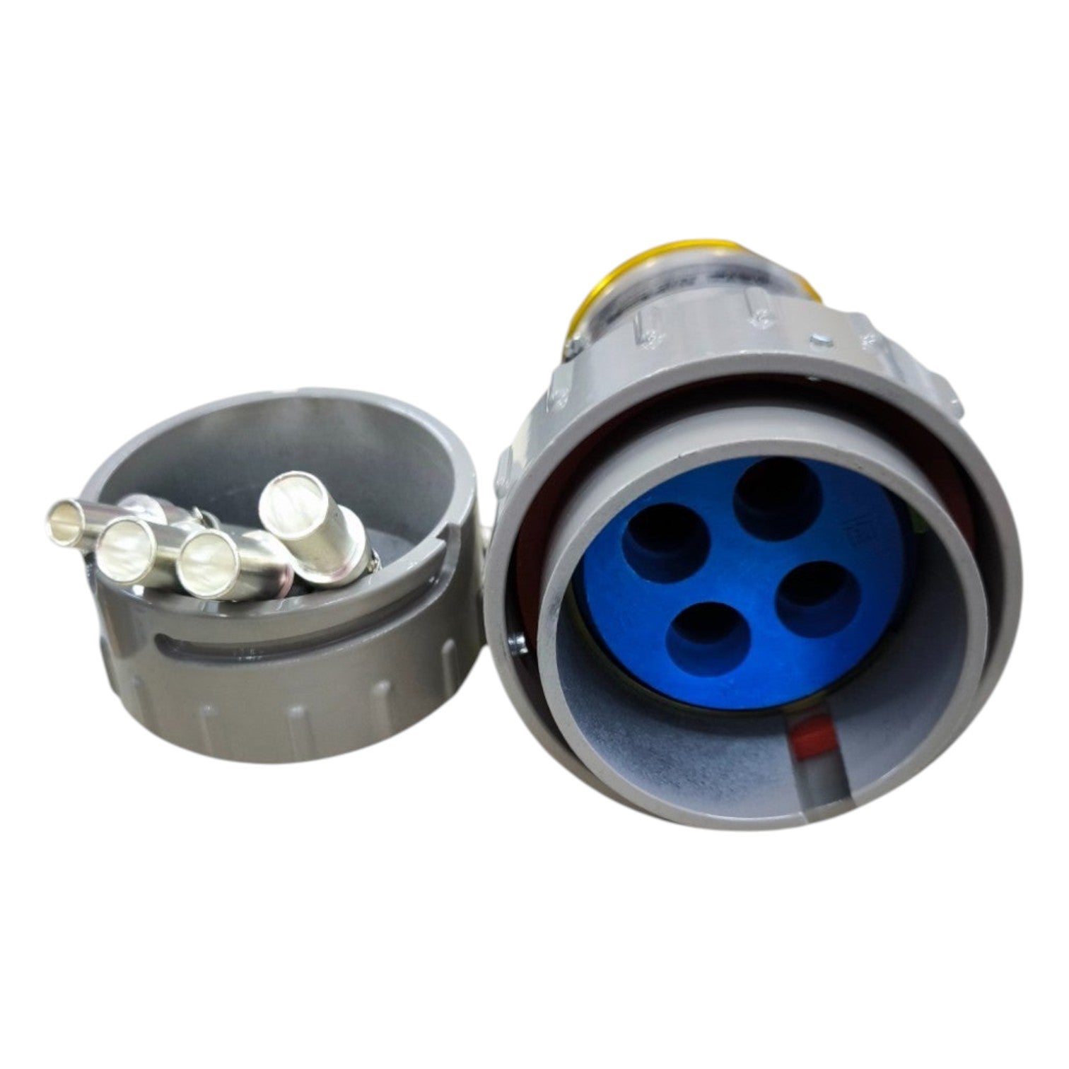 Electrical connector with open cover showing internal components on a white background