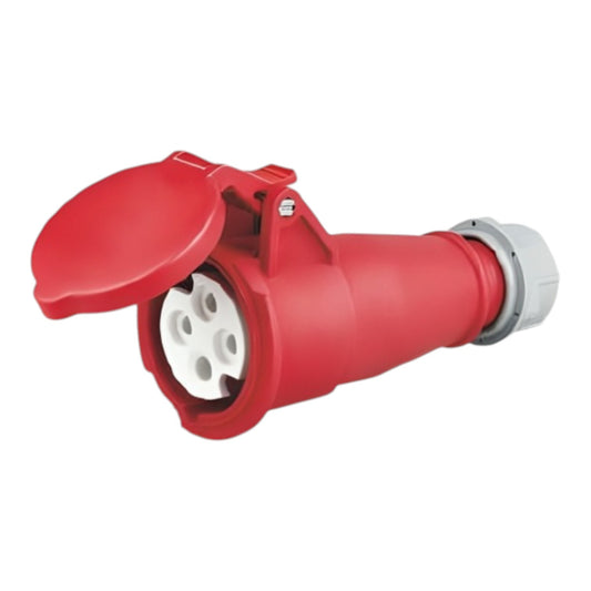 Red electrical plug on a white background