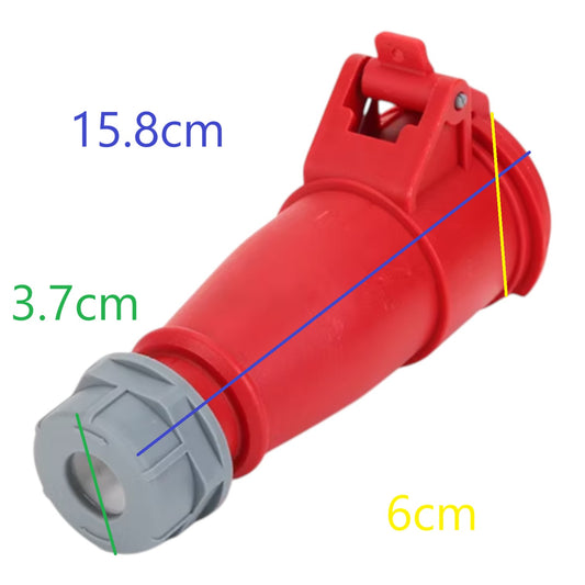Red and gray cylindrical object with measurements on a white background