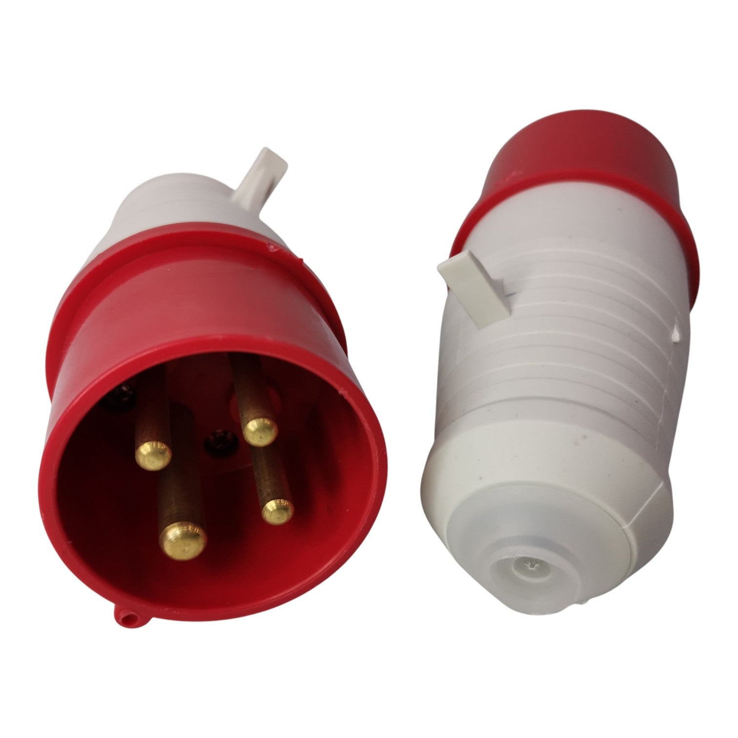 Red and white electrical plug on a white background