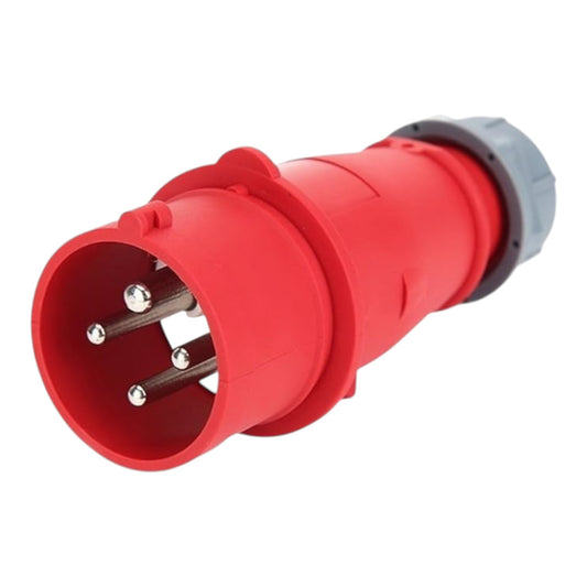 Red electrical plug on a white background