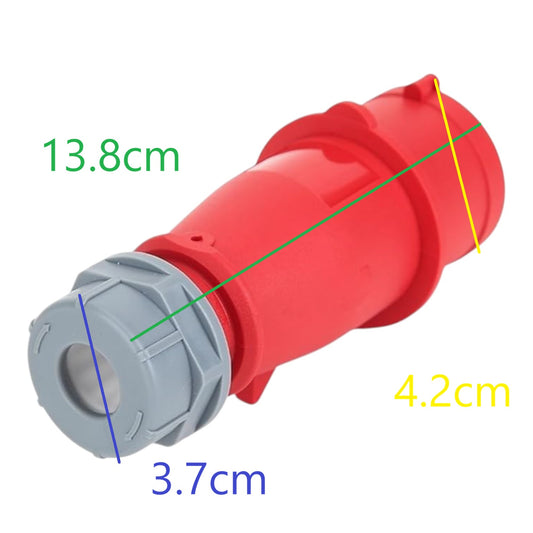Red and gray cylindrical object with measurements on a white background