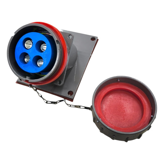 Electrical connector with blue socket and red cover on a white background