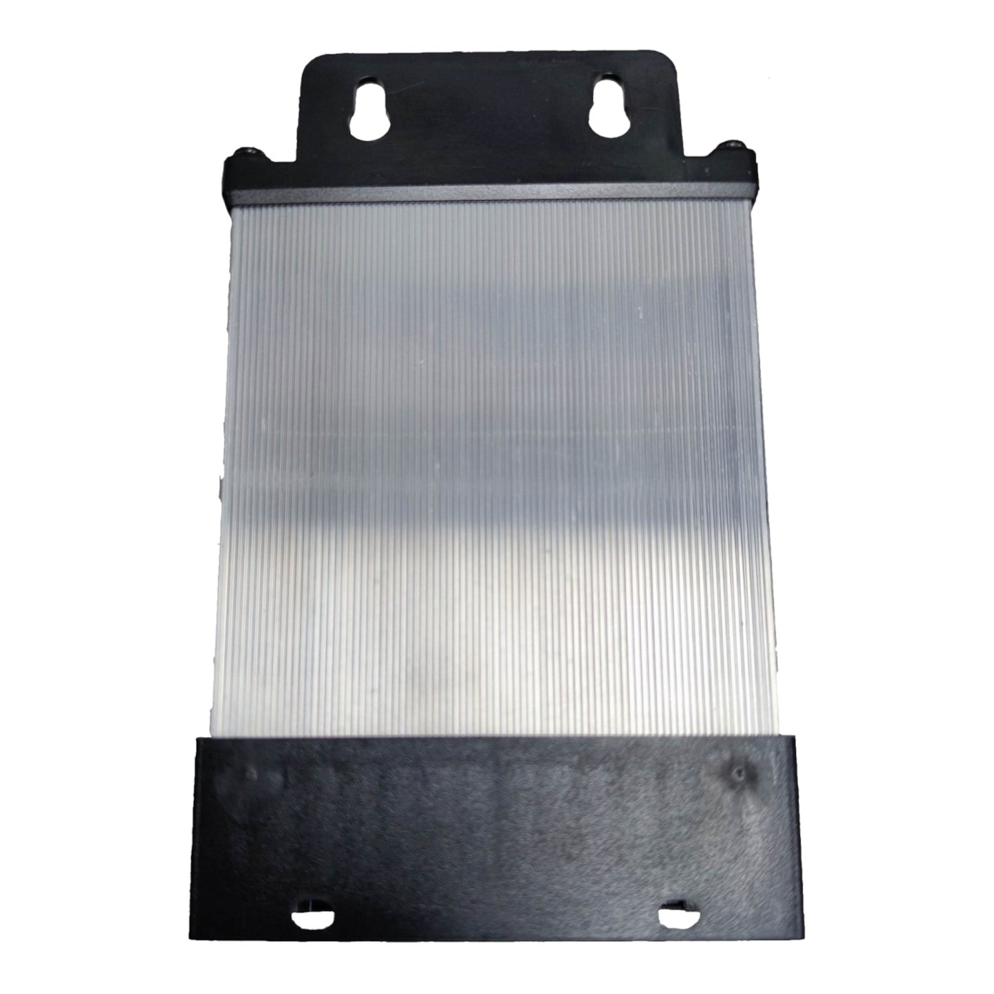 Metal radiator with black metal brackets on a white background