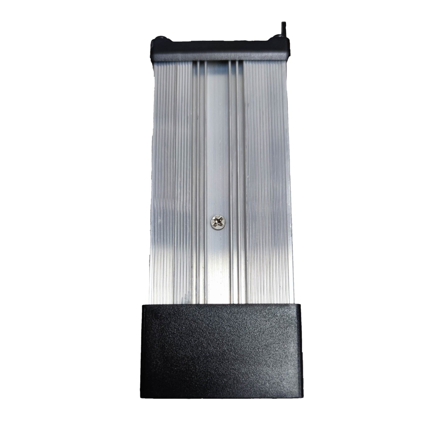 Metallic panel with black top and bottom sections on a white background