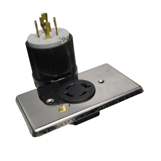 Electrical outlet with plug on a white background Grippes 20A Twist Lock Outlet with Plate and Plug Type 3P+E (4P) 250V (NEMA L15) WJ6421B and 9221 and BL1520P Electx Electrical Supply 