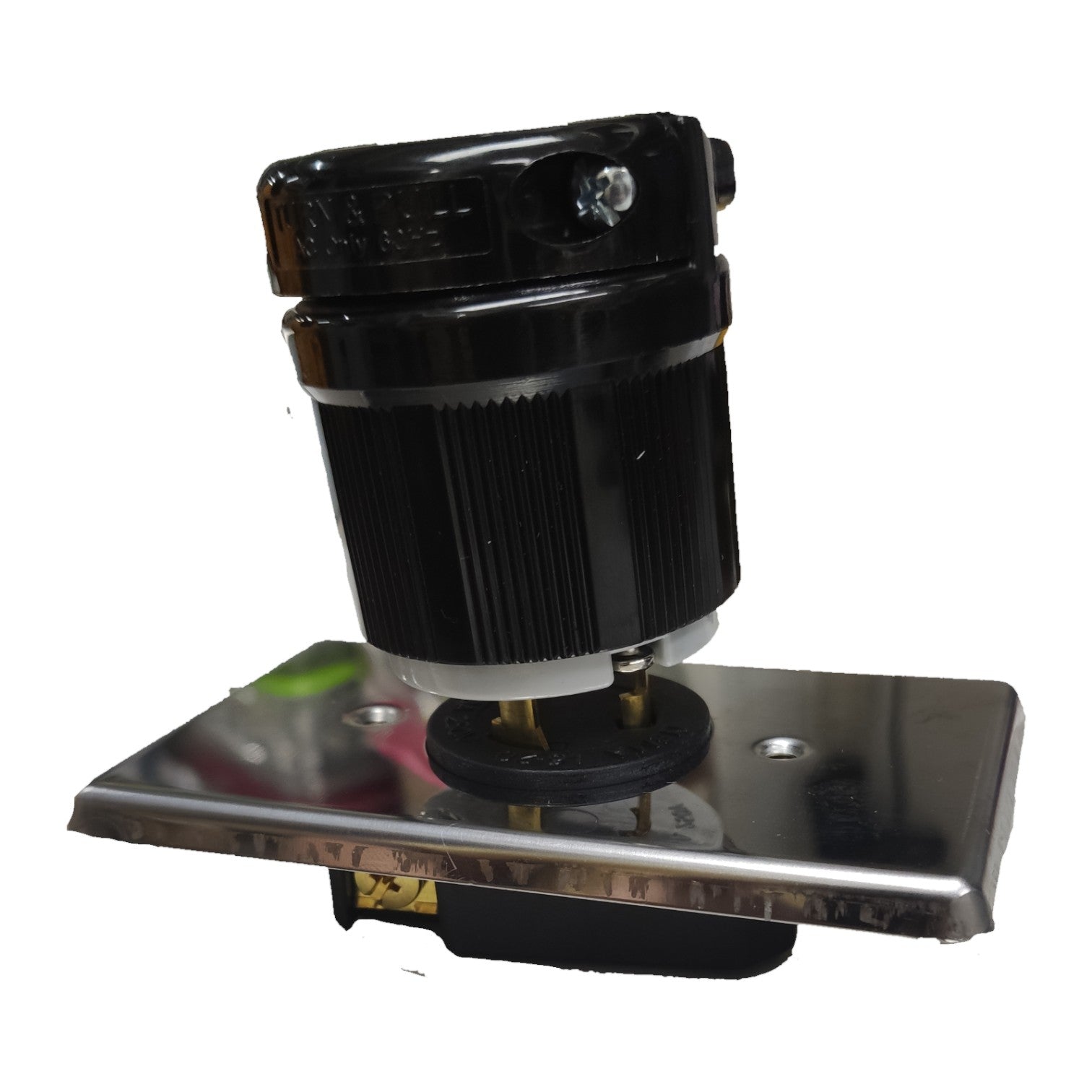 Black camera lens on a metallic base with a white background Grippes 20A Twist Lock Outlet with Plug 3 Pole 2P+E (3P) 250V (NEMA L6) WJ6322B and BL620P with Stainless Plate Cover 9221 Electx Electrical Supply 