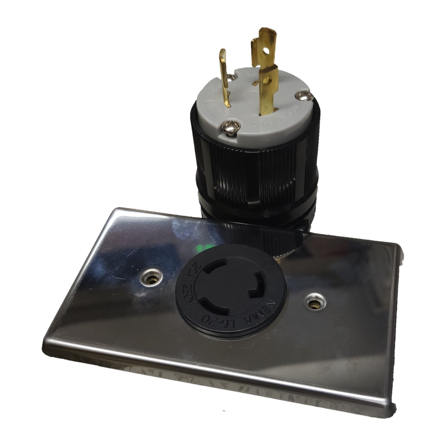 Electrical outlet with metal cover plate on a white background Grippes 20A Twist Lock Outlet with Plug 3 Pole 2P+E (3P) 250V (NEMA L6) WJ6322B and BL620P with Stainless Plate Cover 9221 Electx Electrical Supply 