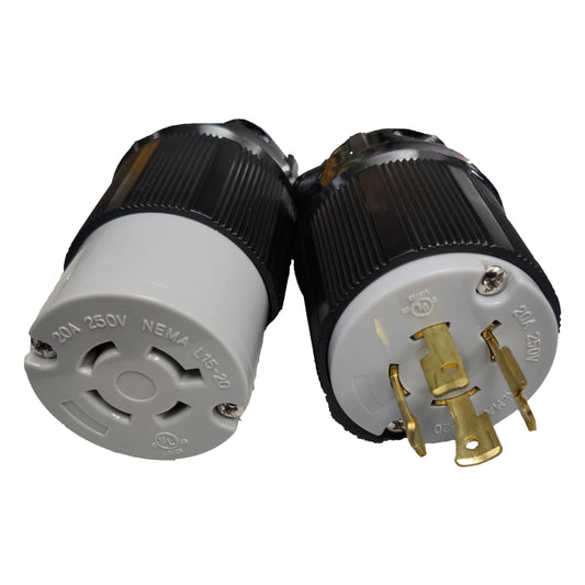 Two electrical plugs, one with a gray body and black connector, the other with a white body and black connector, on a white background. Grippes 20A Twist Lock Outlet with Plug  Cord Connector Type 3P+E (4P) 250V (NEMA L15) BL1520C & BL1520P, Twistlock Electx Electrical Supply