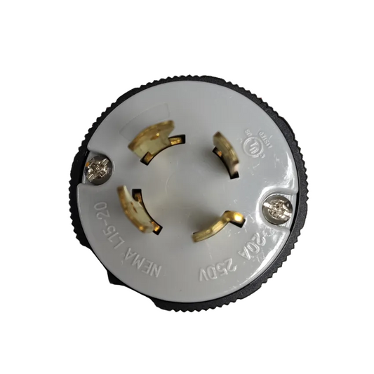 Close-up of Grippes 20A twist lock plug NEMA L15-20 for secure electrical connections