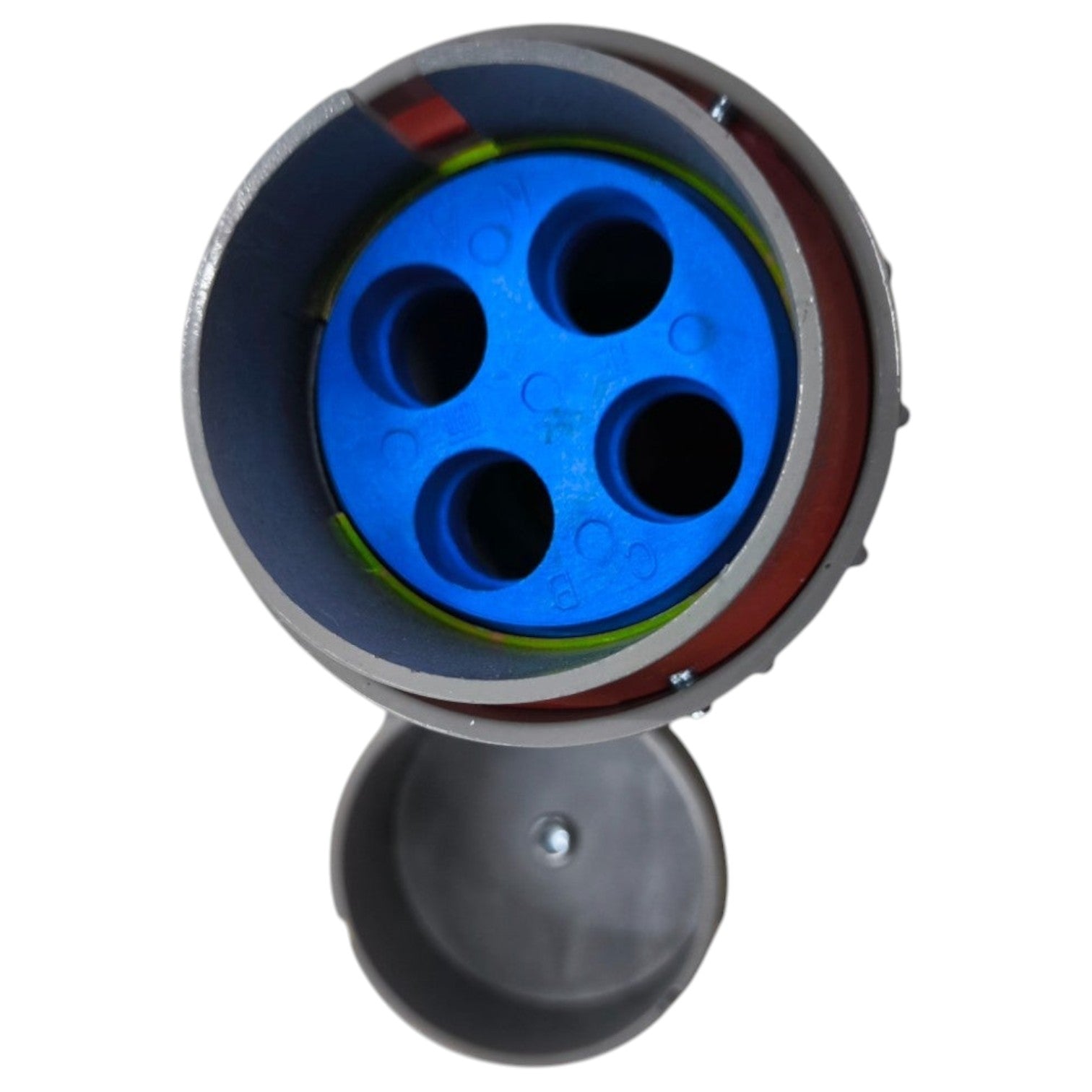 Electrical plug with blue center and gray base on a white background