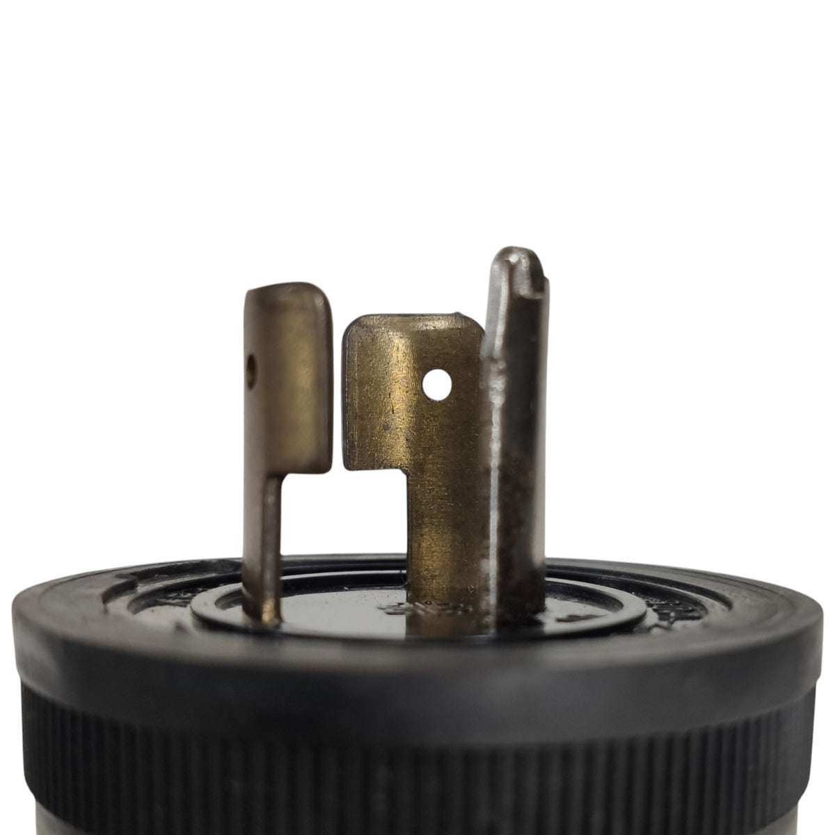 Close-up of a vintage-style three-prong electrical outlet plug with a black plastic base on a white background.
