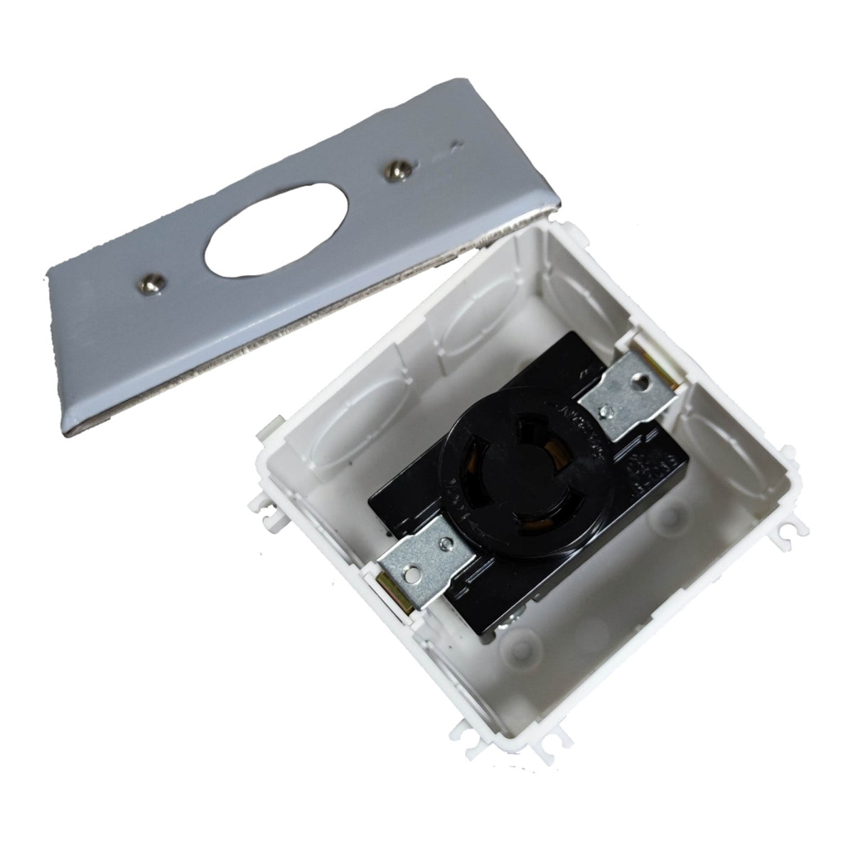 A white plastic electrical outlet box with a black internal socket component, shown alongside a separate silver metal plate with pre-drilled screw holes, on a solid white background.