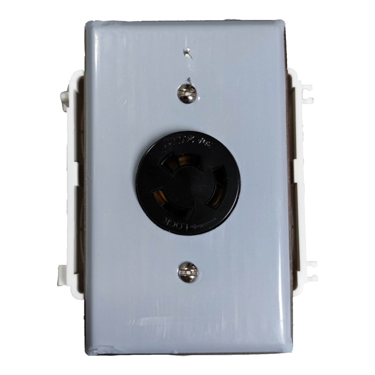 A gray electrical outlet cover plate with a black 3-prong outlet insert in the center, shown against a plain white background.