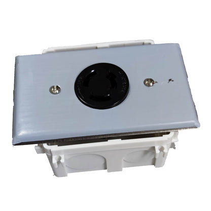A white electrical outlet backplate with a black circular socket cover and mounting holes, shown on a white background.