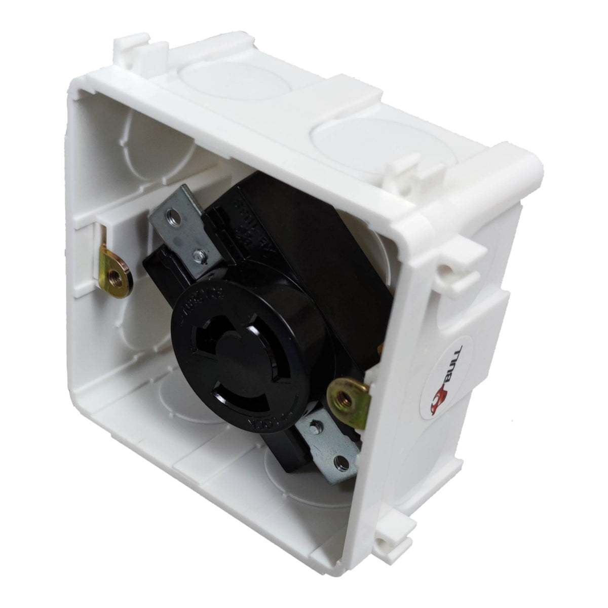 White plastic electrical outlet box with a black three-prong outlet insert and metal mounting hardware, shown on a white background.