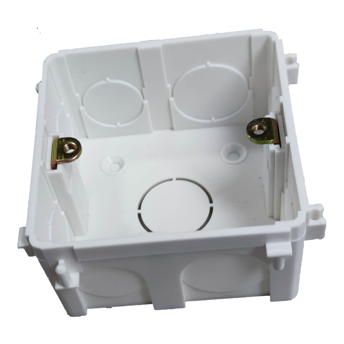 White plastic junction box with metal terminal hardware on a plain white background.
