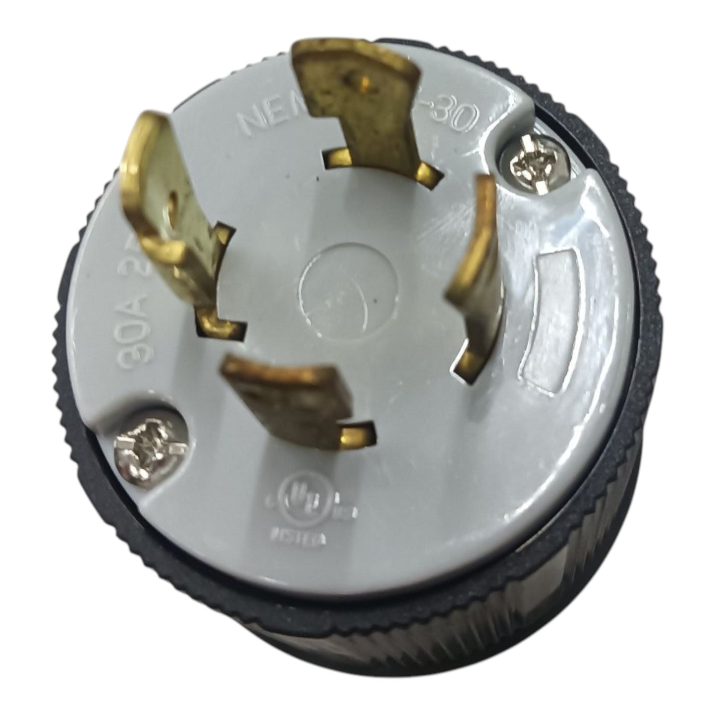 Electrical plug with black and gold contacts on a white background Grippes 30A Twist Lock Outlet and Plug 3P+E (4P) 250V (NEMA L15) WJ6436B with 9221 and BL1530P, Twistlock Outlet Electx Electrical Supply