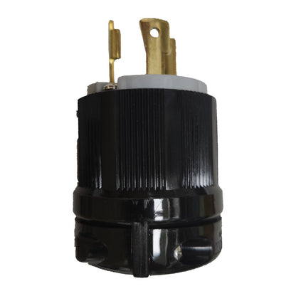 Black electrical plug with brass contacts on a white background Grippes 30A Twist Lock Plug 2P+E (3P) 250V NEMA L6 BL630P Twistlock Plug Electx Electrical Supply