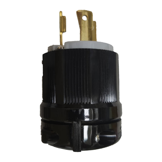 Black electrical plug with brass contacts on a white background Grippes 30A Twist Lock Plug 2P+E (3P) 250V NEMA L6 BL630P Twistlock Plug Electx Electrical Supply