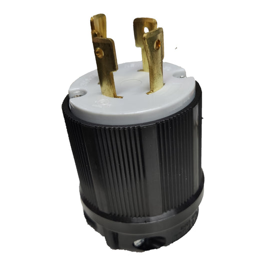 A black cylindrical electrical outlet plug with a ribbed body, a white top insulator, and two gold-toned metal prongs, shown on a plain white background.