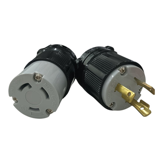 Two heavy-duty 3-pin industrial electrical outlet connectors shown on a plain white background. One connector is facing forward, showing a gray plastic socket with black top and bottom caps, and a brass grounding pin.