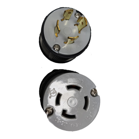 Two views of a NEMA L13-30 3-prong electrical outlet connector, showing the top with gold-colored pins and the bottom with the silver metal terminal face, on a white background.