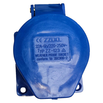 Blue weatherproof socket with technical specifications on a white background