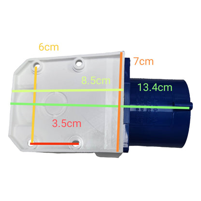 Measurement chart of a white rectangular component and a blue cylindrical component on a white background.