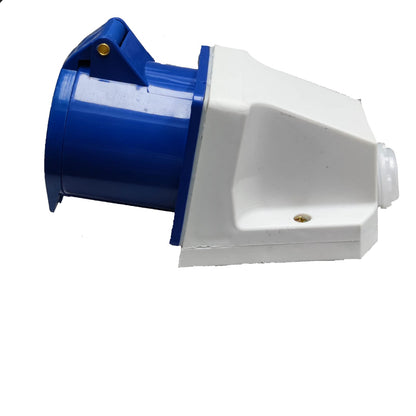 Blue and white mechanical component on a white background