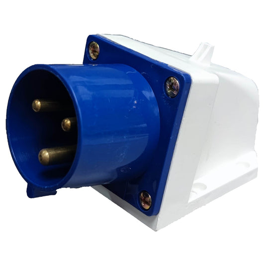 Blue and white electrical plug on a white background