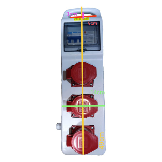 Electrical panel with red switches and measurement markings on a white background