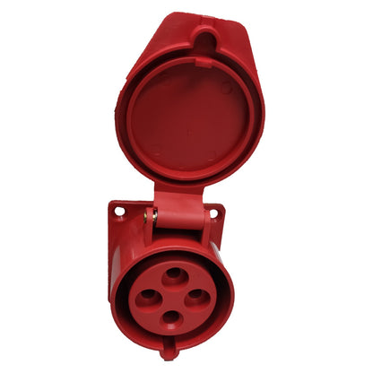 Red electrical plug on a white background