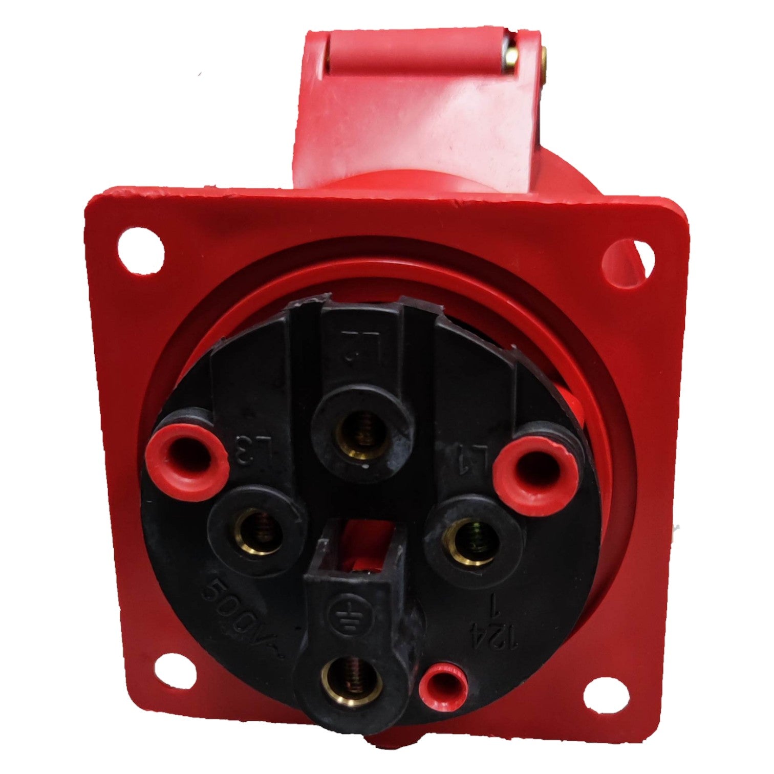 Red electrical plug with black interior on a white background