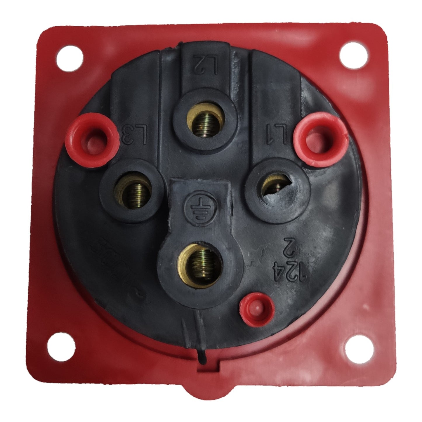 Electrical socket with red frame and black center on a white background